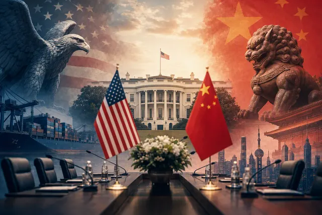 Editorial illustration of the Trump–Xi White House summit and U.S.–China trade tensions
