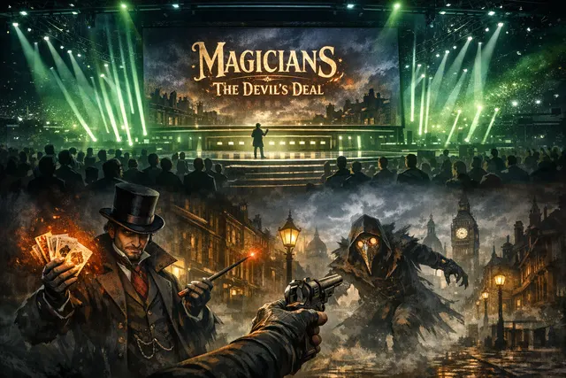 Magicians The Devil's Deal reveal trailer key art showing a dark Victorian London street with supernatural elements, announced at Xbox Games Showcase 2026