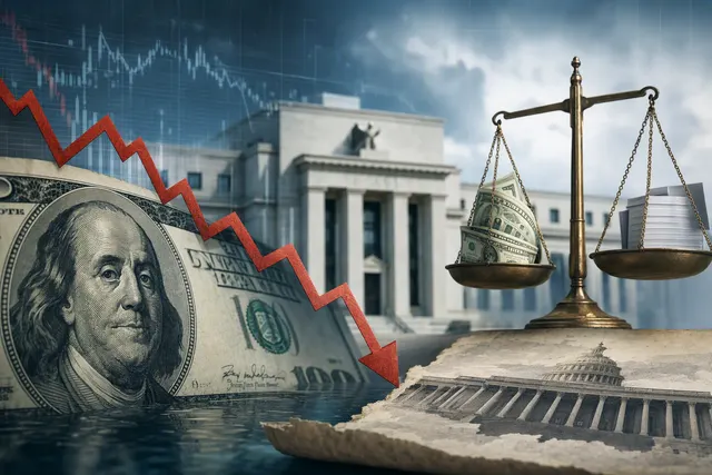 Editorial illustration of the U.S. dollar, Treasury bonds and gold amid market volatility