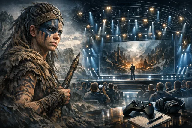 Senua game reveal trailer scene from Xbox Games Showcase 2026 showing the protagonist in a dark, moody action-adventure setting with expanded combat and exploration