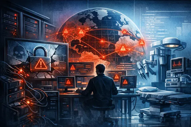 Illustration of a global medical-device network outage caused by a cyberattack