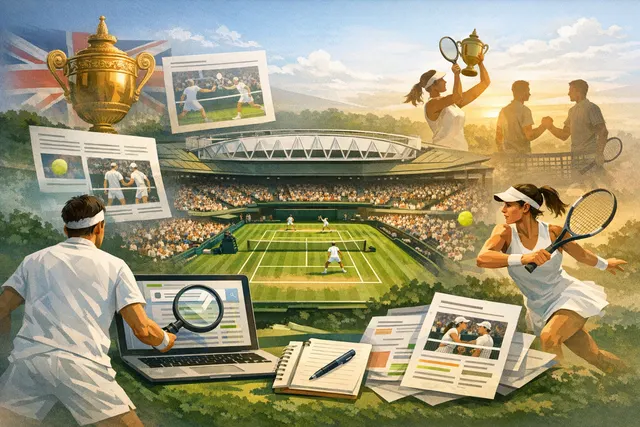 A montage of 2026 Wimbledon champions: Linda Nosková holding the Venus Rosewater Dish and Jannik Sinner celebrating on Centre Court, with the Wimbledon scoreboard in the background