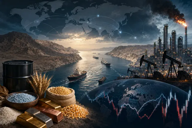 Illustration of oil tankers and global commodity markets affected by the Strait of Hormuz disruption