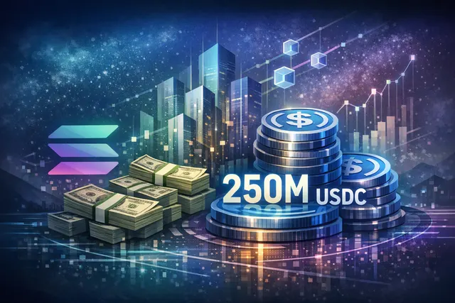 Conceptual image of USDC stablecoin liquidity flowing into the Solana blockchain network, depicted with digital dollar symbols and the Solana logo on a futuristic financial interfa