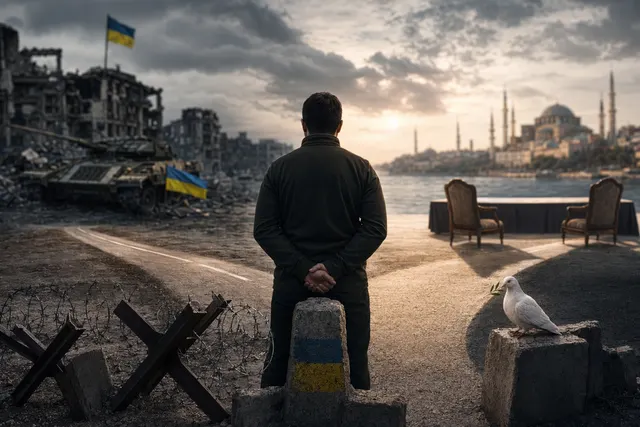 AI-generated editorial illustration representing Ukraine-Russia peace talks.