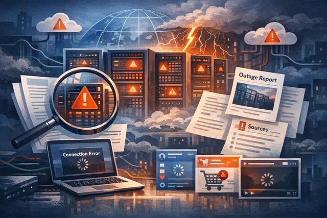 Conceptual illustration of a digital map showing broken network connections and outage reports for major services like X, Reddit, and Teams during the June 22, 2026 Cloudflare fibe
