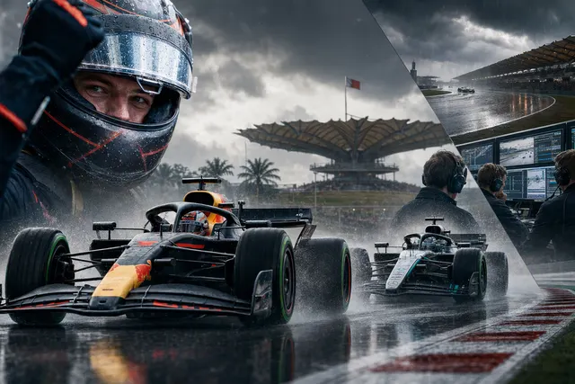 AI-generated editorial illustration of Formula 1 cars racing in wet conditions