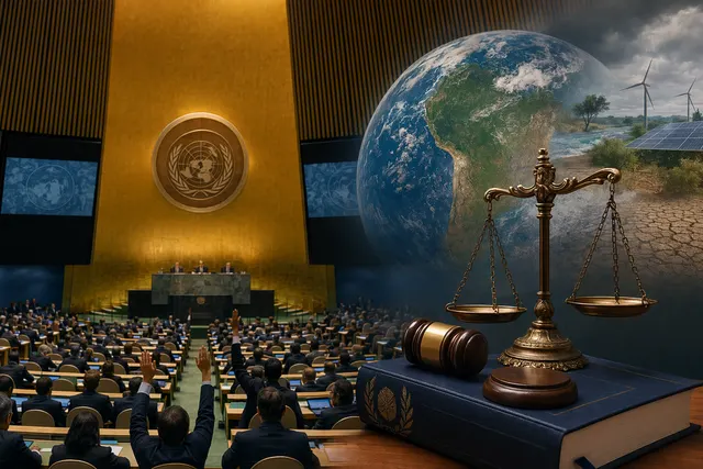 United Nations General Assembly chamber representing the vote endorsing the ICJ climate advisory opinion