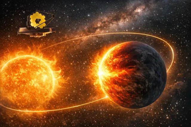 An artistic illustration of the exoplanet HD 80606 b glowing with extreme heat as it passes dangerously close to its sun-like star, with streams of gaseous atmosphere trailing behi