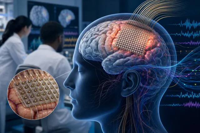 Illustration of a brain-computer interface decoding speech and gestures to control a virtual avatar