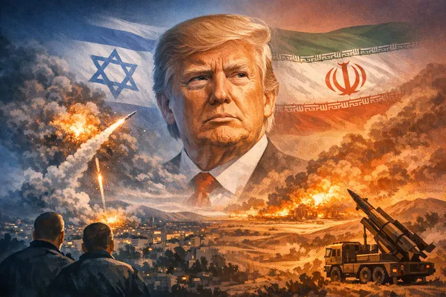 Illustration of a phone call between U.S. President Donald Trump and Israeli Prime Minister Benjamin Netanyahu, with a map of Iran and Israel in the background, symbolizing diploma