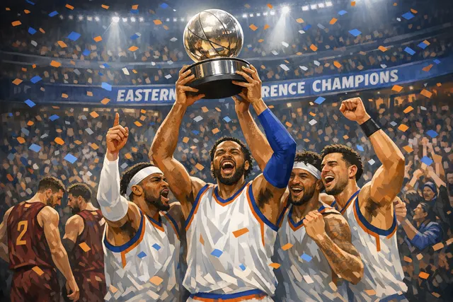 Knicks players celebrate on the court after sweeping the Cavaliers to advance to the 2026 NBA Finals.
