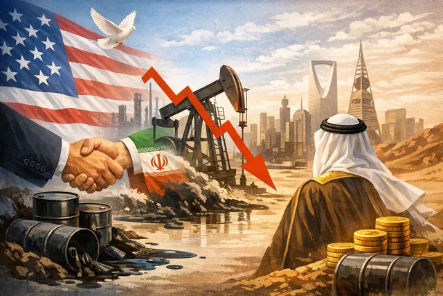 A conceptual illustration showing oil price charts declining sharply against a backdrop of Saudi Arabian fiscal stress indicators, reflecting the impact of the US-Iran peace framew