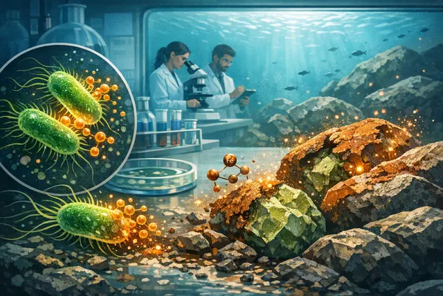 Illustration of engineered marine bacteria producing siderophores to remove iron-oxide coatings from olivine for ocean carbon removal