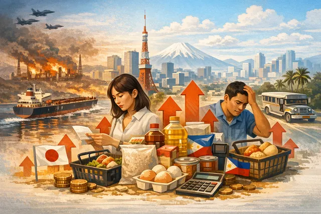 A visual representation of the 2026 Middle East conflict driving food price surges in Japan and the Philippines, with elements suggesting oil, shipping routes, and rising grocery a