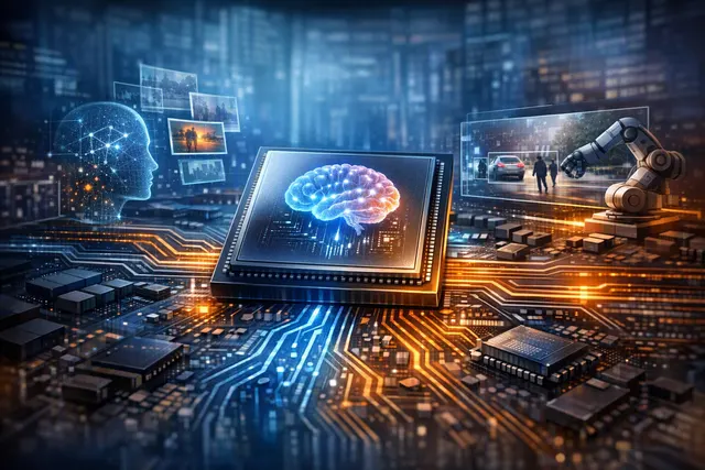 Conceptual illustration of a RISC-V dataflow processor connecting video decoding, AI inference, and video generation