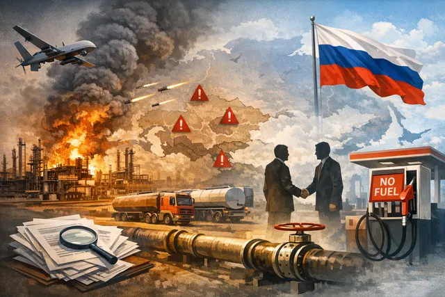 Editorial illustration of a drone strike on an oil refinery, representing the July 6, 2026 Ukrainian attack on Russia's Omsk refinery.
