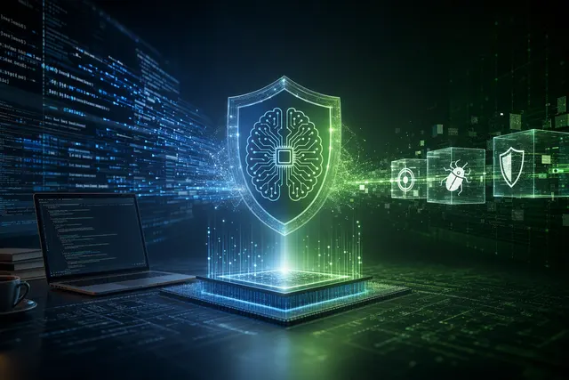 Editorial illustration of AI cybersecurity, automated code analysis and digital network defense