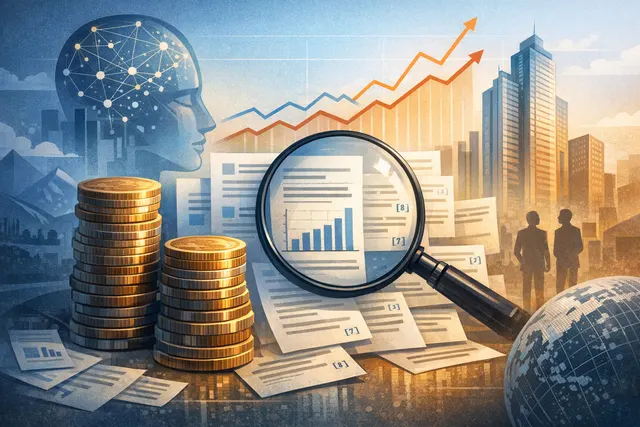 A conceptual illustration representing Anthropic, the AI company behind Claude, showing charts, skyscrapers, and financial data.