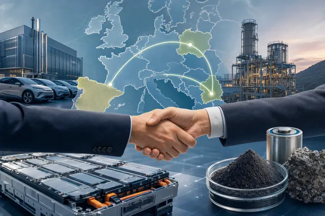 Editorial illustration representing battery-cell and cathode-material production.