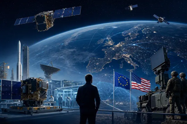 Illustration of satellite infrastructure orbiting Earth, representing European space investment and secure communications