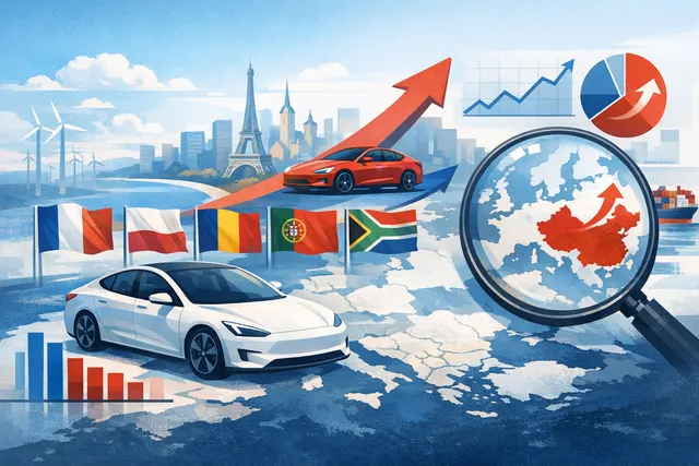 Graphic showing electric vehicle charge cable connected to a modern car, representing surging EV demand in Europe and South Africa