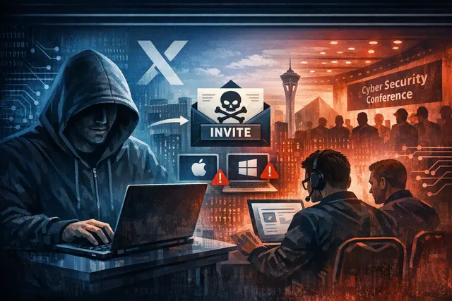 Illustration of a fake crypto conference invitation leading from X messages to a malicious Google Doc and malware