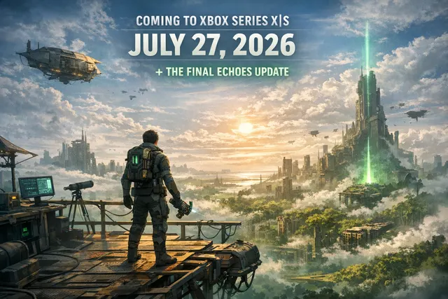 Forever Skies Xbox launch and The Final Echoes update artwork showing an airship over a ruined Earth
