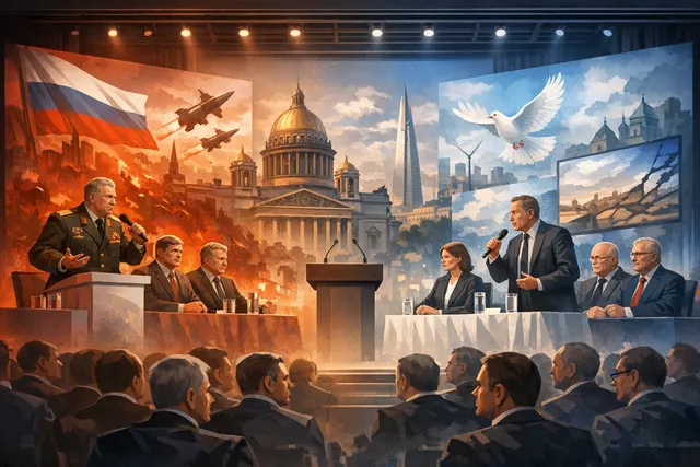 A divided Russian elite clashes over the Ukraine war's future at the St. Petersburg International Economic Forum 2026, with Ukrainian drone strike smoke on the horizon