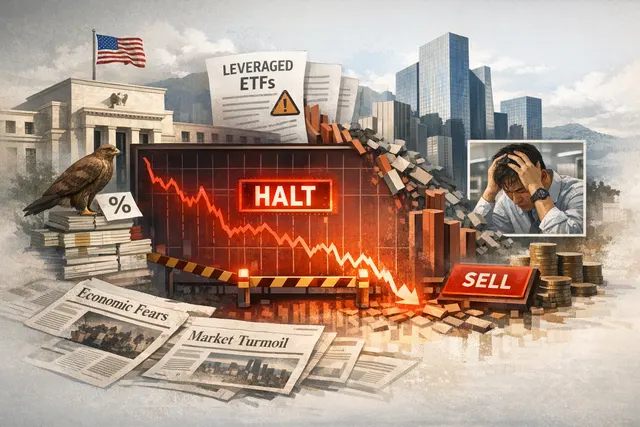 A dramatic AI-generated image depicting a stock market crash with a large red downward arrow superimposed on a cityscape of Seoul, South Korea, with the KOSPI logo and chart lines