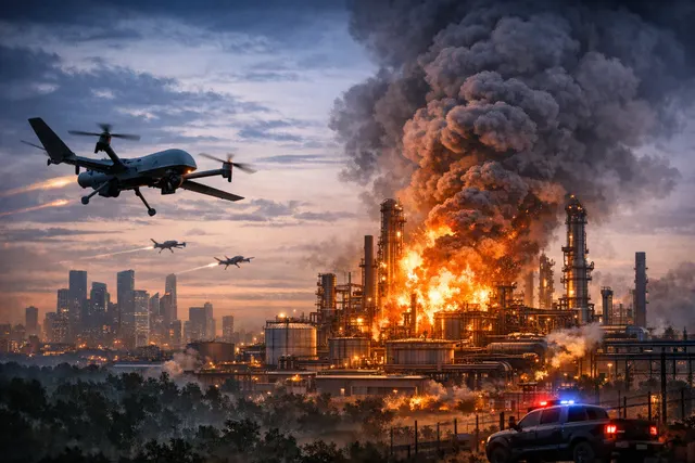 Aerial view of a large explosion and black smoke rising from an oil refinery outside Moscow during a night-time drone attack