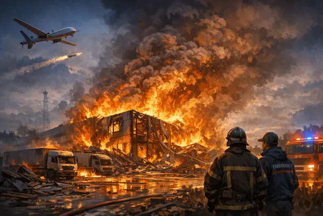 Smoke and flames rising from a Wildberries logistics warehouse during a nighttime drone strike in Russia’s Tambov region