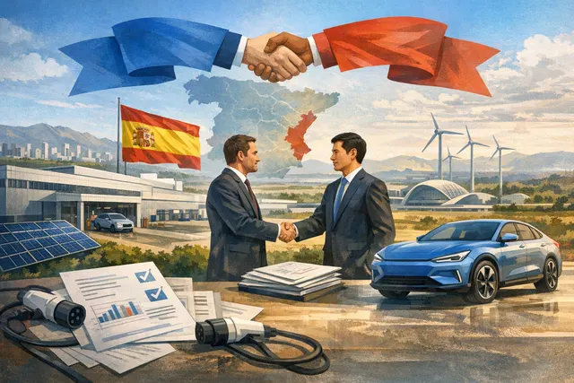 AI-generated editorial illustration of a Ford car factory assembly line with electric vehicles and joint venture branding for Ford and Geely