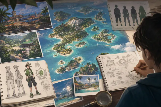 Illustrative tropical island-and-ocean scene evoking the setting of Pokémon Winds and Waves; not a leaked game image.