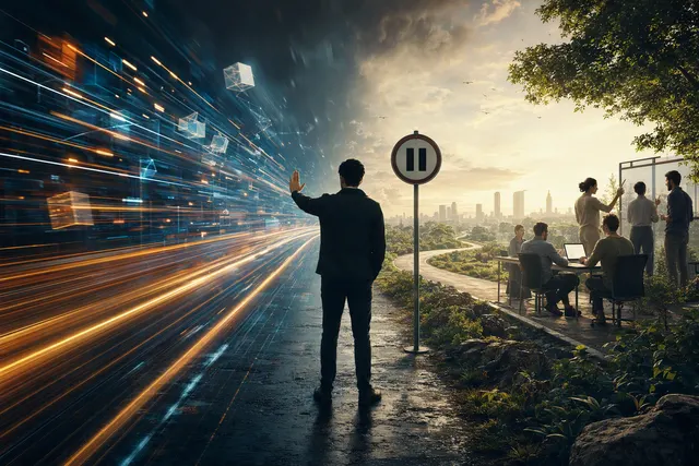 Editorial illustration representing the debate over pacing advanced AI development