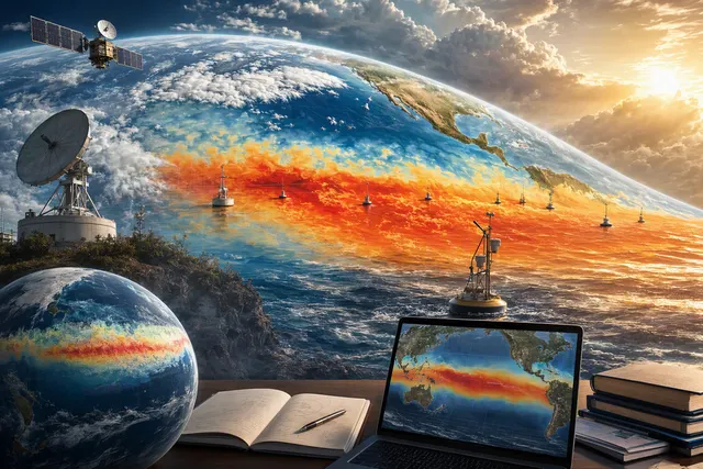 Editorial illustration of unusually warm Pacific Ocean conditions associated with the 2026–27 El Niño