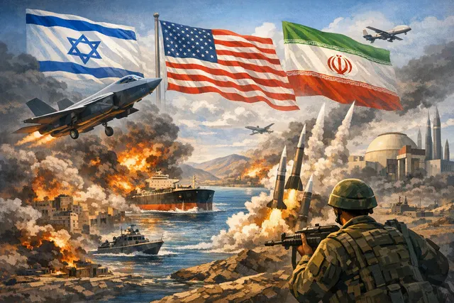 Illustration of missile strikes and regional shipping disruption during the U.S.-Israeli war with Iran