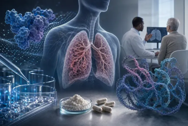 Editorial illustration representing AI drug discovery and proteomic aging-clock analysis for rentosertib in idiopathic pulmonary fibrosis