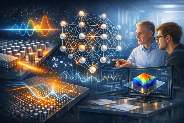 Abstract visualization of a neural network with physics equations overlaid, representing a physics-informed neural network accelerating nanophotonic component design