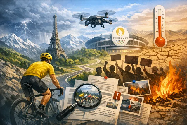 AI-generated editorial image depicting a wildfire threatening a Tour de France stage finish in a mountain region