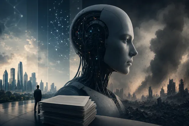 Editorial illustration representing concerns about AI safety and advanced AI systems