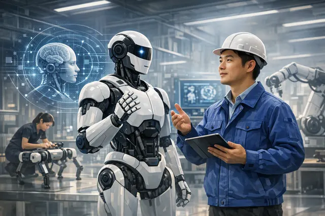 Humanoid robot being guided by a technician during an embodied-AI training session