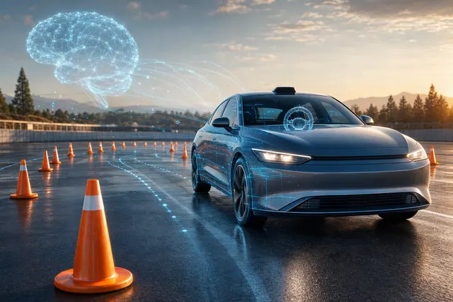 AI-generated illustration accompanying an article about a model controlling a car on a cone course