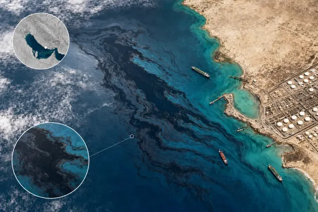 AI-generated editorial illustration of an oil slick near Kharg Island in the Persian Gulf