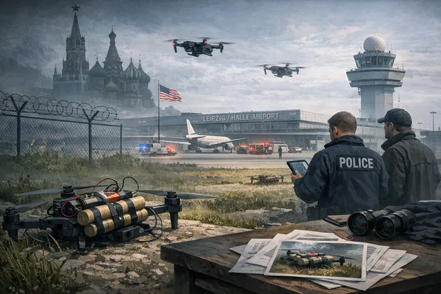 Illustration of an explosives-equipped drone near Leipzig/Halle Airport and Ukrainian cargo aircraft