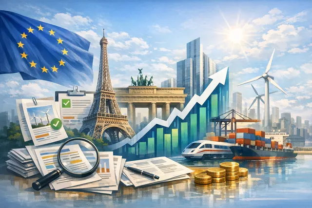 Abstract illustration of rising stock chart lines and European financial district skyline at sunset, representing record highs in European equities