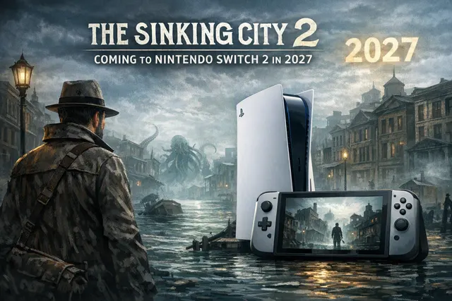 Dark editorial illustration of a flooded 1920s city for The Sinking City 2 Nintendo Switch 2 release