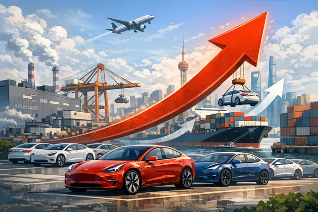Tesla Shanghai Gigafactory with vehicles being loaded for export, contrasting wholesale surge with domestic retail decline