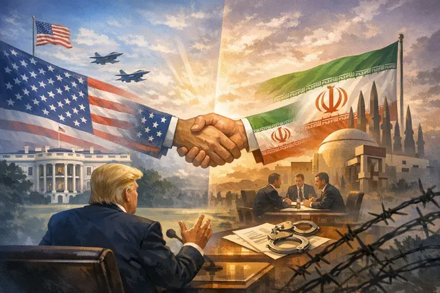 Trump and Netanyahu in front of an Iranian flag and missiles, illustrating the US-Israel rift over Iran nuclear diplomacy.