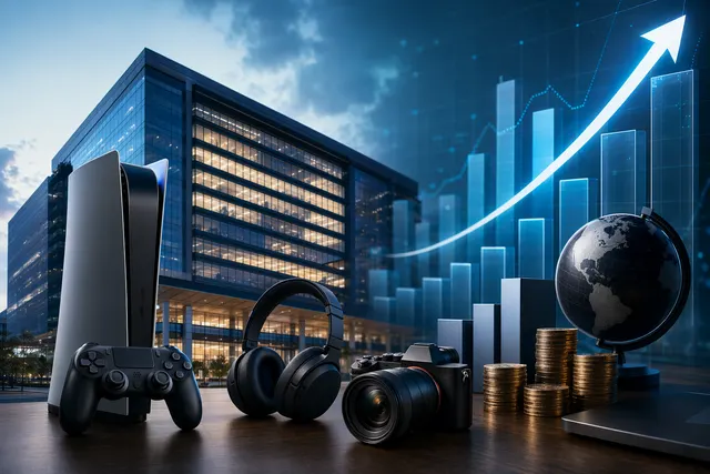 Editorial illustration of Sony’s March 2027 profit outlook with yen figures and a share buyback theme